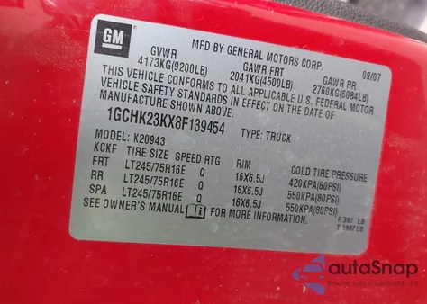 2008 Chevrolet Silverado 2500Hd Lt1 from USA, damaged, VIN 1GCHK23KX8F139454